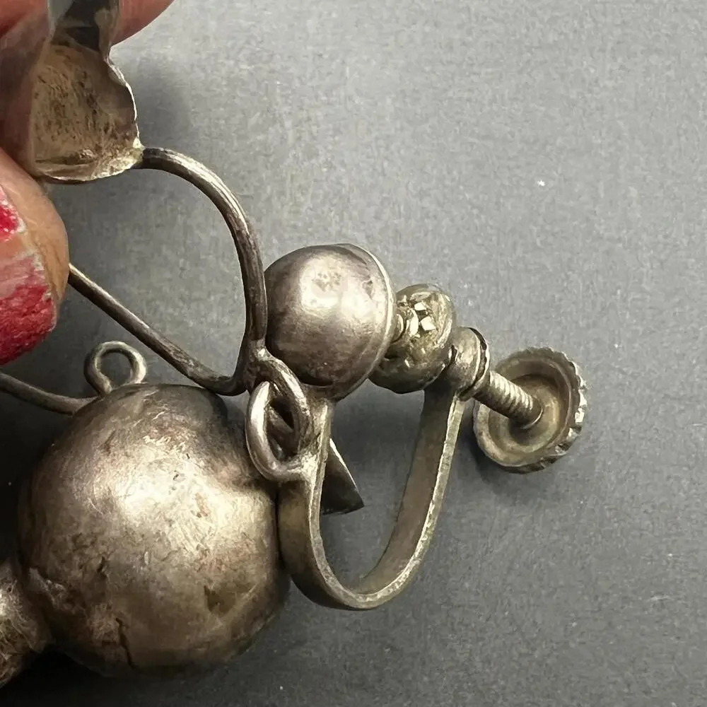 Vintage Mexican Mexico Sterling Silver Pitcher Dangle Screw- back Earrings